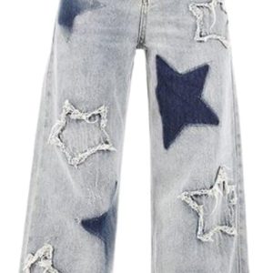 Cute Jeans for Women Girls Star Patchwork Pants High Waisted Straight Leg Jean Casual Preppy Clothes