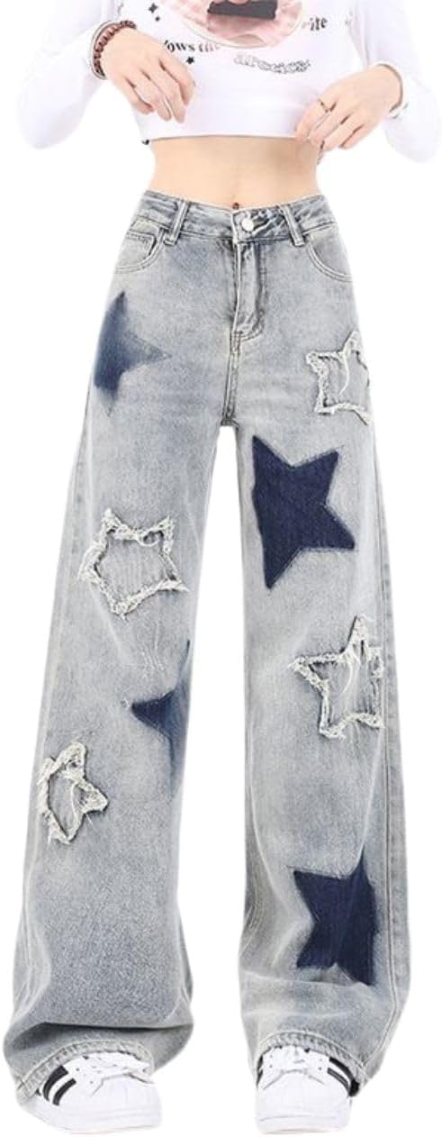 Cute Jeans for Women Girls Star Patchwork Pants High Waisted Straight Leg Jean Casual Preppy Clothes