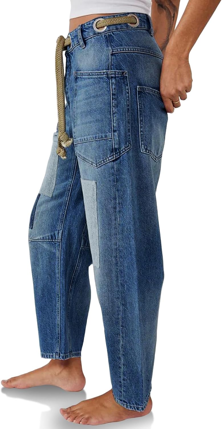 Women Baggy Barrel Horseshoe Jeans Wide Leg Patchwork Low Rise Denim Pants with Pockets - Image 2
