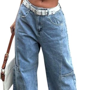 Wide Leg Jeans for Women Lowrise Patchwork Cargo Baggy Jeans Fashion Denim Pants Streetwear Bottoms