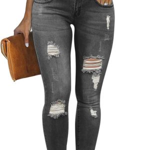 Women Skinny Ripped Trendy Jeans Distressed Stretchy Slim Fit Denim Pants