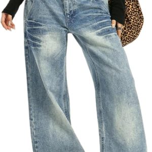 Low Rise Baggy Jeans for Women Wide Leg Boyfriend Jeans Vintage Washed Loose Fit Mom Denim Pants Streetwear