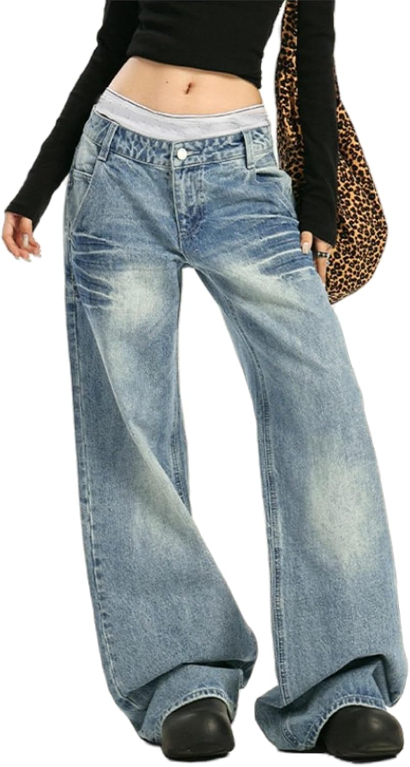 Low Rise Baggy Jeans for Women Wide Leg Boyfriend Jeans Vintage Washed Loose Fit Mom Denim Pants Streetwear