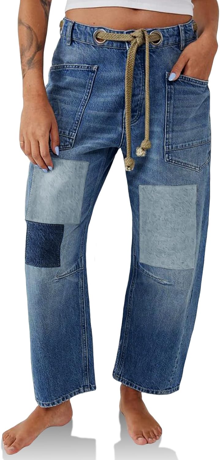 Women Baggy Barrel Horseshoe Jeans Wide Leg Patchwork Low Rise Denim Pants with Pockets
