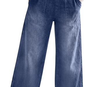 Women Wide Leg Jeans Soft Baggy Low Mid Rise Elastic Waist Pull On Denim Pants Trendy
