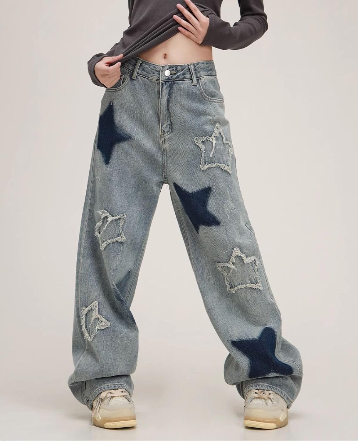 Cute Jeans for Women Girls Star Patchwork Pants High Waisted Straight Leg Jean Casual Preppy Clothes - Image 2