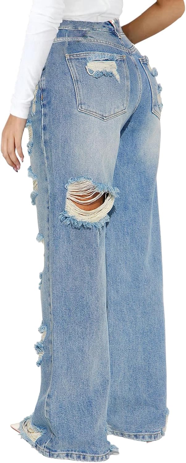 Women Mid Waisted Wide Leg Distressed Jeans Ripped Retro Denim Pants - Image 2