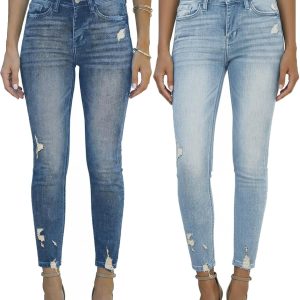 Women Mid Waisted Jeans Trendy Distressed Stretch Ripped Butt Lift Denim Pants (Pack of 2)