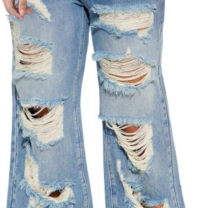 Women Mid Waisted Wide Leg Distressed Jeans Ripped Retro Denim Pants