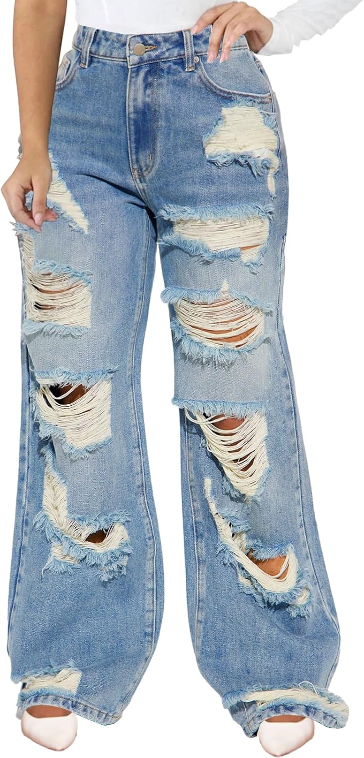 Women Mid Waisted Wide Leg Distressed Jeans Ripped Retro Denim Pants