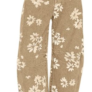 Women Distressed Barrel Jeans Baggy Wide Leg Jeans Floral Printed Boyfriend Patchwork Denim Pants