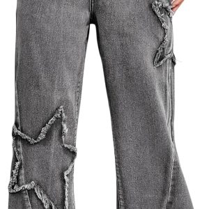 Women Wide Leg Denim Pants Raw Edge Baggy Trousers High Waisted Boyfriend Jeans Girls Fashion