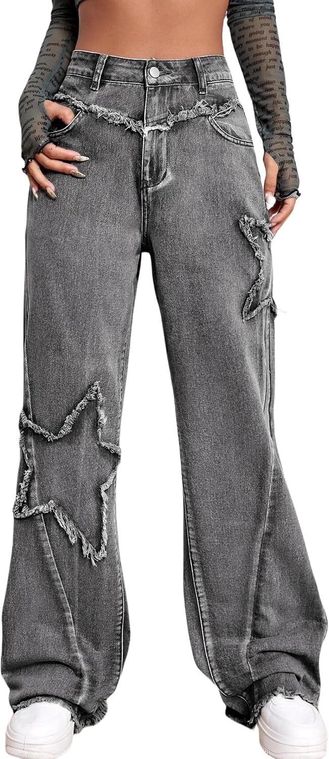Women Wide Leg Denim Pants Raw Edge Baggy Trousers High Waisted Boyfriend Jeans Girls Fashion