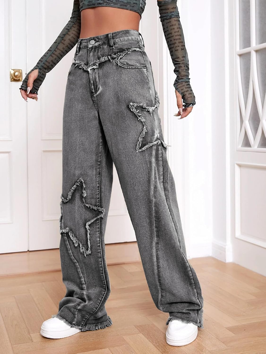 Women Wide Leg Denim Pants Raw Edge Baggy Trousers High Waisted Boyfriend Jeans Girls Fashion - Image 2